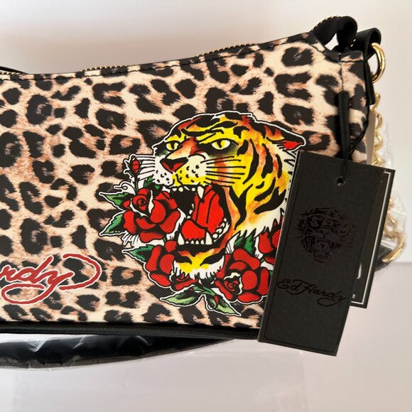 Ed Hardy Leopard Print Shoulder Bag with Tiger & Rose Tattoo Graphic - Picture 6 of 8